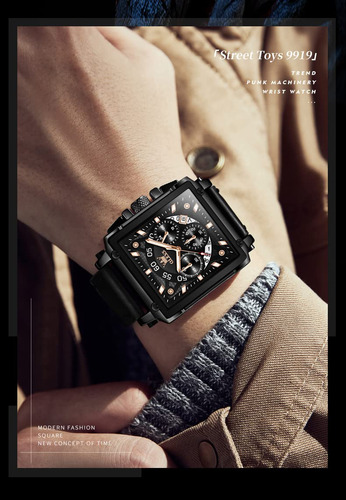 Reloj Olevs Square Chronograph Fashion Para Hombre, Piel Neg
