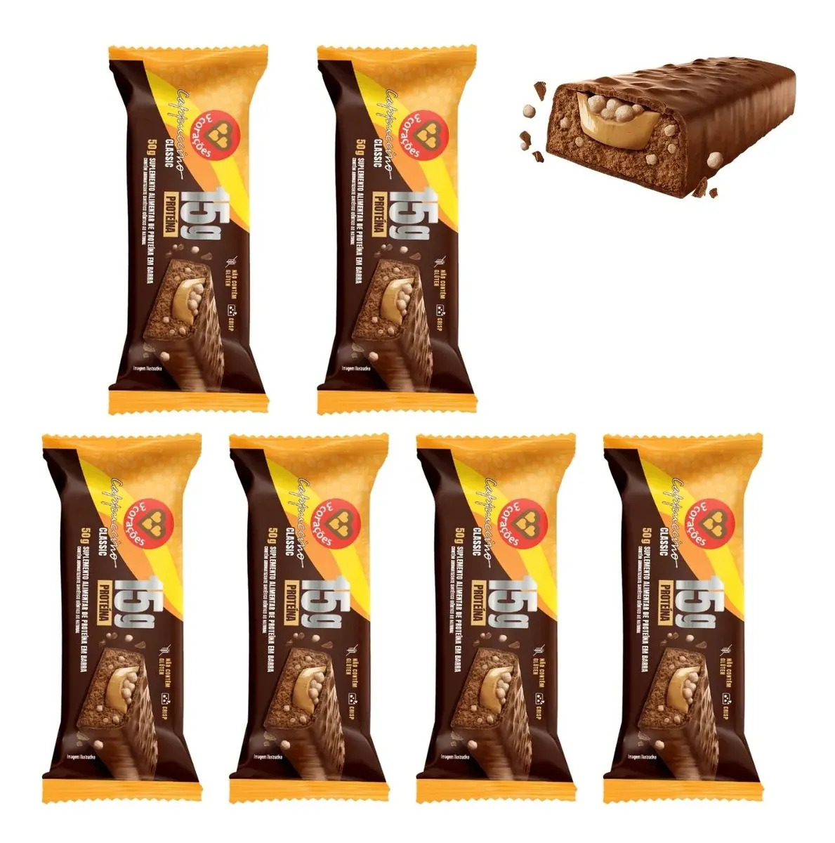 Kit 6 Barras De Proteínas Cappuccino Classic 3 Corações 50g