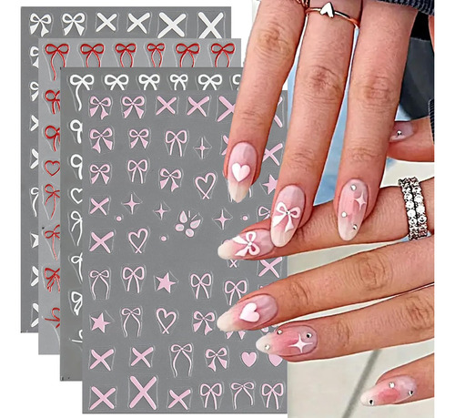 Heart Bows Nail Art Stickers Decals 4 Pcs White Red Pink Bo.
