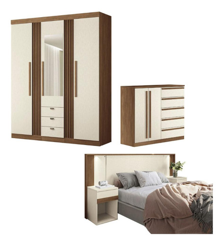 Conjunto Quarto Completo Com Espelho Xangai Jatoba Areia