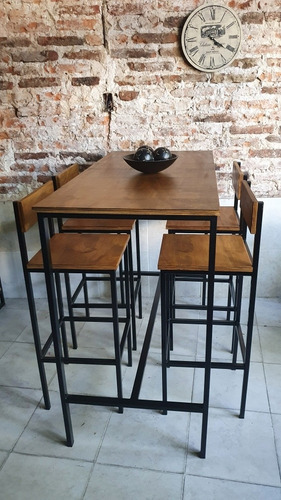 Imagen 2 de 8 de Mesa Barra Apoyo 120x60 + 4 Taburetes Respaldo Industrial