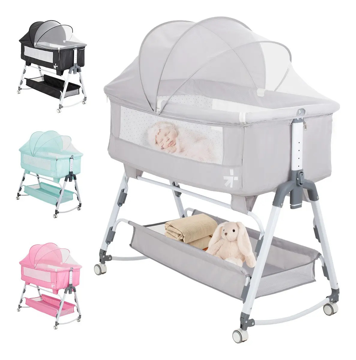 Cuna Moisés Corral Para Bebe Ajustable Mosquitero Colchón Color Gris Diseño Liso