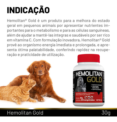 Suplemento Vitaminico Hemolitan Gold Vetnil 30 Comp.