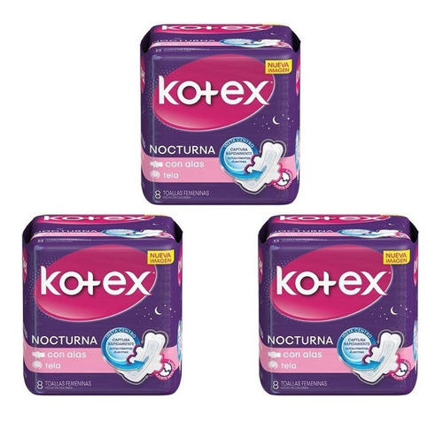 Toallas Con Alas Extra Suave Nocturna  X 8 Kotex .pack 3x2