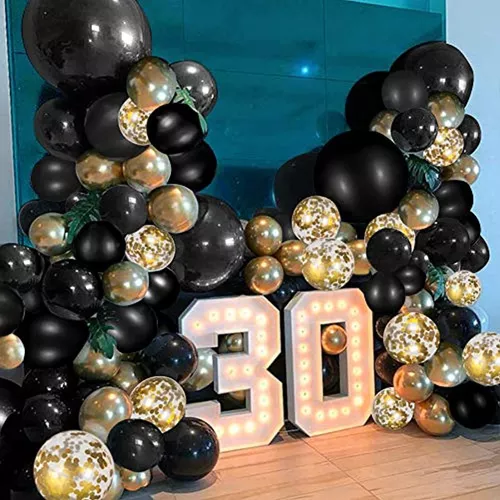 Juego de 120 globos negros y dorados, confeti metálico negro y dorado,  globos de látex, kit de guirnalda para cumpleaños, graduación, boda