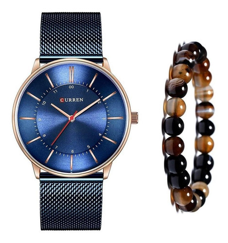 Relógio Curren Masculino Ultra Fino Luxo + Pulseira Bolinhas Cor Azul Cor da correia Dourado Cor do bisel Azul Cor do fundo Azul