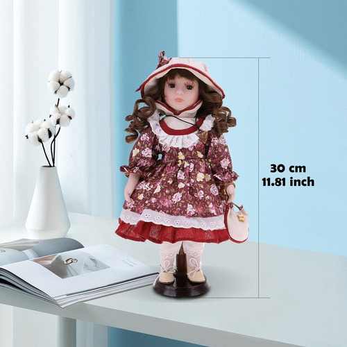Preciosa Muñeca De Porcelana De 30 Cm Con Ropa Soporte Para