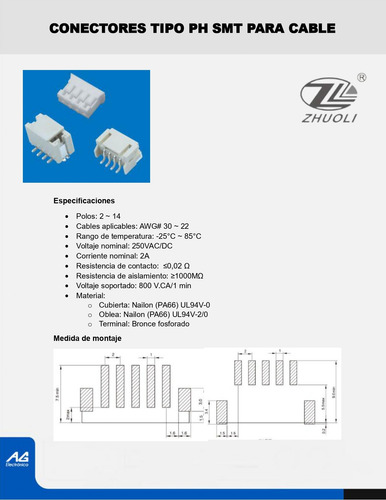 Conector Housing Tipo Ph Smt Macho 5 Posiciones 100 Pzs
