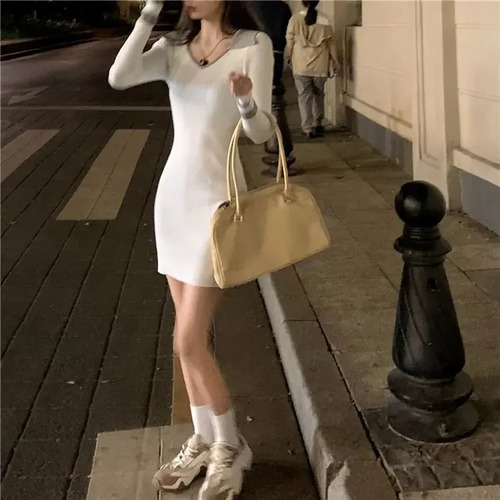 Vestido De Punto Ajustado Con Cuello En V Y Manga Larga Para