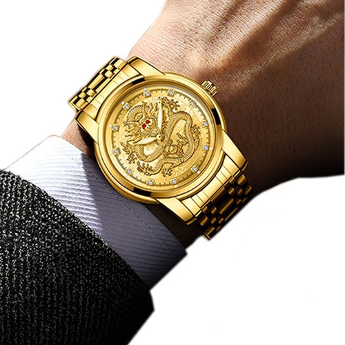 Reloj De Cuarzo Dragón Con Anillo Dorado