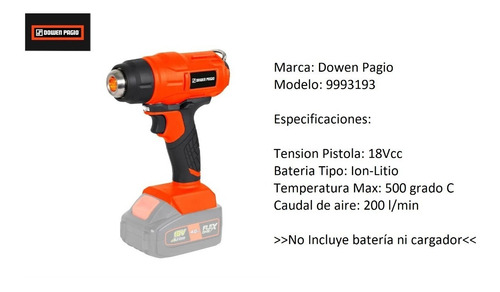 Imagen 3 de 4 de Pistola De Calor Inalámbrico A Batería Dowen Pagio 18v 550°c