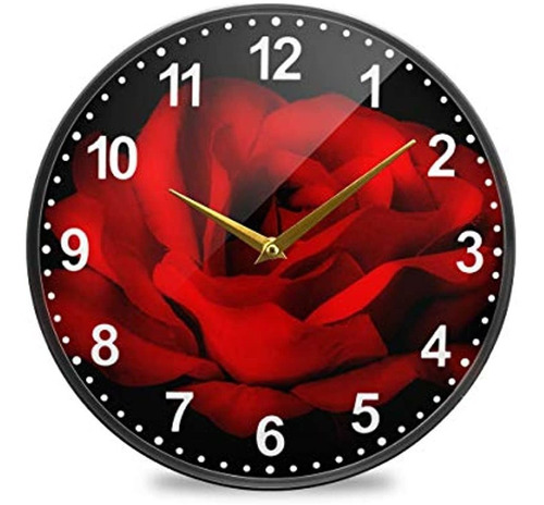 Alaza Reloj De Pared Negro Con Flor De Rosa Roja, Funciona C