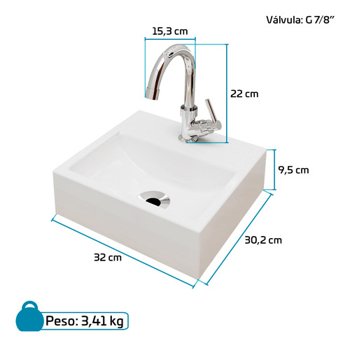 KIT Cuba Pia De Apoio Quadrada 32x30cm Topázio Para Banheiro Com Torneira E Válvula Cromada Beltempo