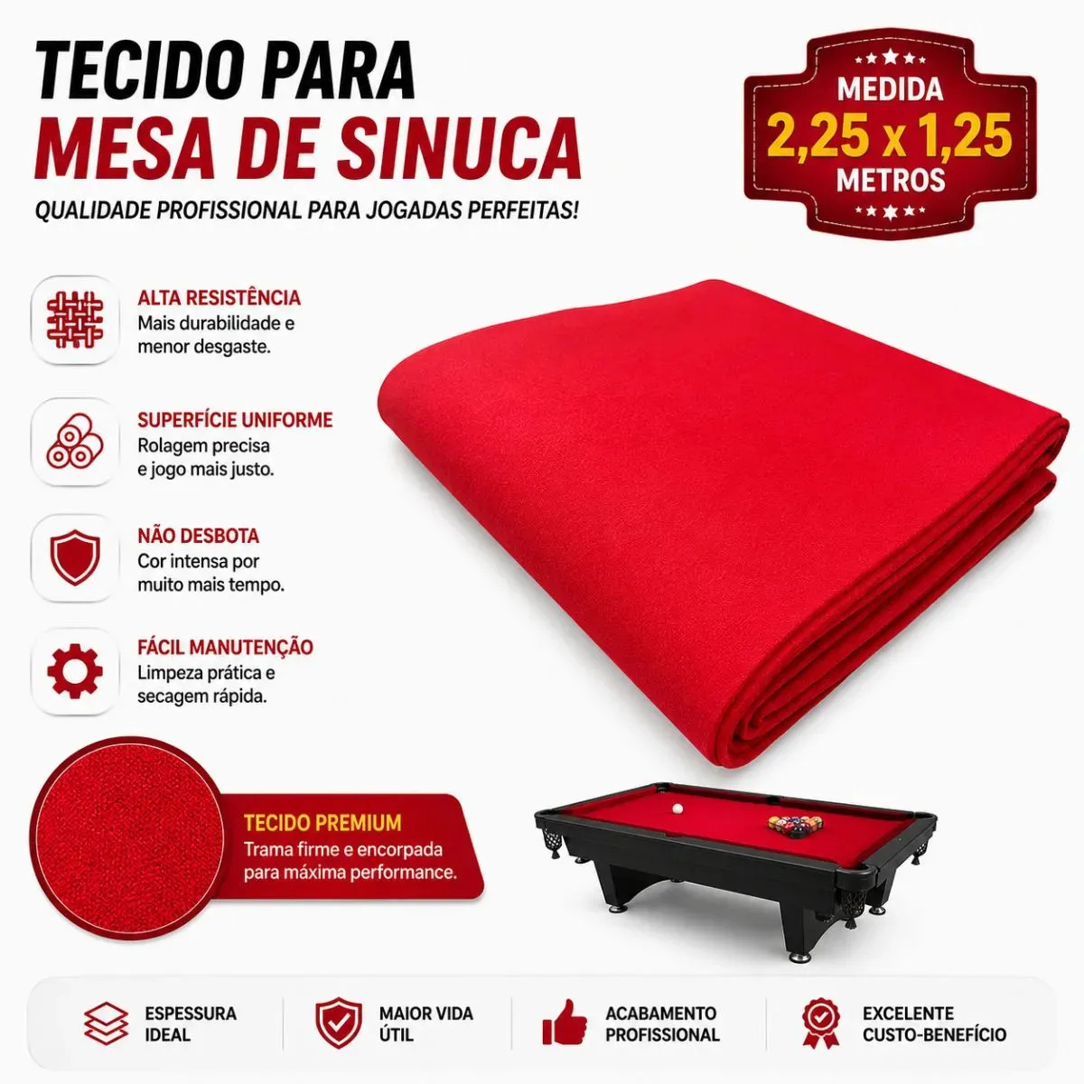 Pano Tecido Forro Bilhar Sinuca Snooker 2,25 X 1,25m Vermelho