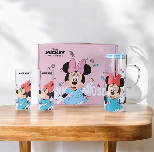 Set De 1 Jarra Y 2 Vasos De Cristal Minnie Mickey Bebidas