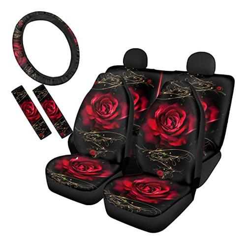 Wanyint Red Rose Art Flower Print Car Seat Cover Full Set Fo