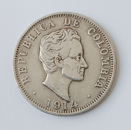 Moneda Colombia 50 Centavos 1914 Plata Reverso Remarcado