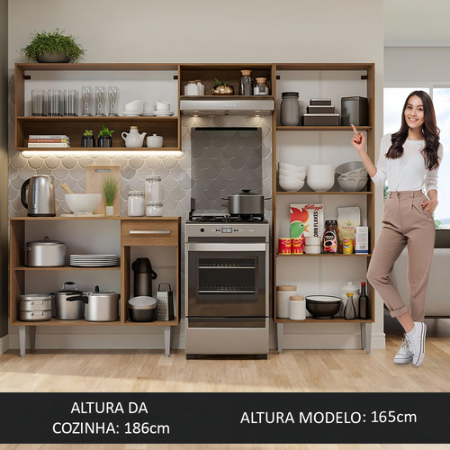 Armário De Cozinha Compacta Madesa Emilly Pop Com Balcão Rc Cor Rustic/Cinza