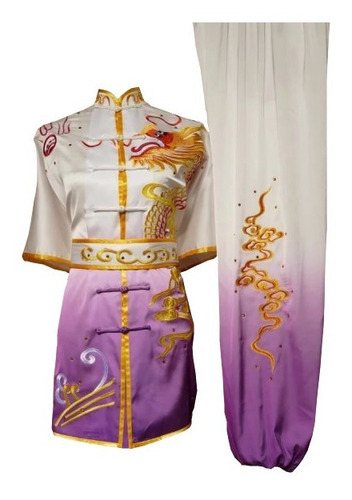 Traje Kung Fu Changquan Blanco/violeta Con Dragón 1,60 M.