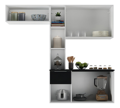 Armário Cozinha Compacta Com Balcão Sofia Multimóveis V2002 Cor Branco/Preto
