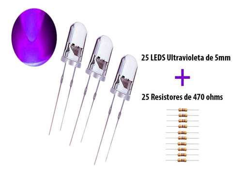 Imagem 2 de 5 de Kit 25 Un Led 5mm Alto Brilho Ultravioleta Uv + Resistor 12v