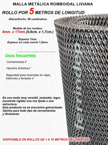 Imagen 3 de 10 de Malla Metál Romboidal Desplegado 8x17mm Rollo 50cm X 5mts