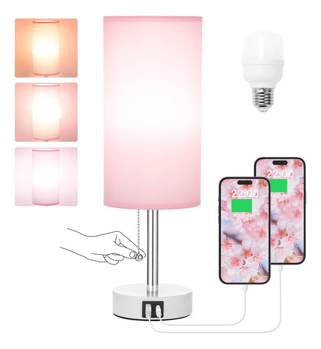 Lámpara De Mesa Rosa Con 3 Modos Y Puertos Usb-c Y A