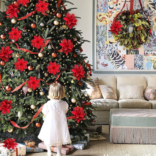 50 Flores De Navidad Con Purpurina Artificial Rojo Plateados