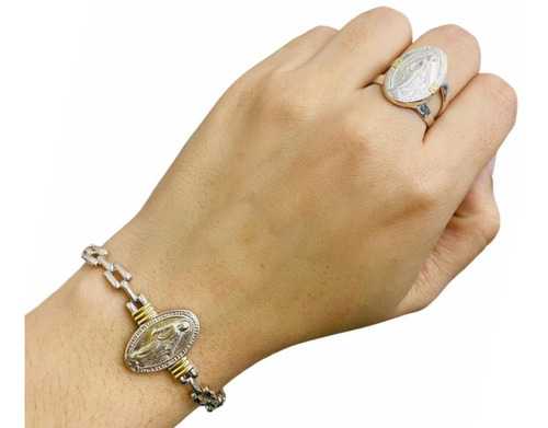 Pulsera Y Anillo Plata 925 Oro Virgen Milagrosa Regalo Mujer