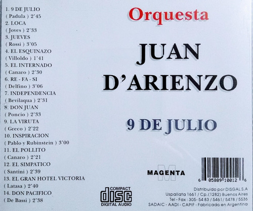Juan D'arienzo Y Su Orquesta Típica Cd 9 De Julio