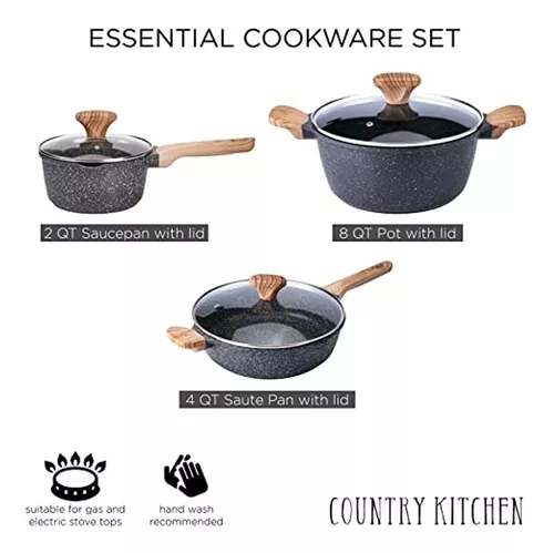 Country Kitchen Juego de utensilios de cocina antiadherentes de inducción –  11 ollas y sartenes de aluminio fundido con asas BAKELITE y tapas de