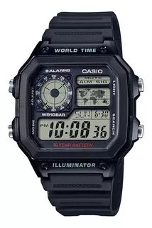 Reloj pulsera Casio Digital AE-1200 de cuerpo color negro, digital, fondo gris, con correa de resina color negro, dial negro, subesferas color gris y negro, minutero/segundero negro, bisel color negro