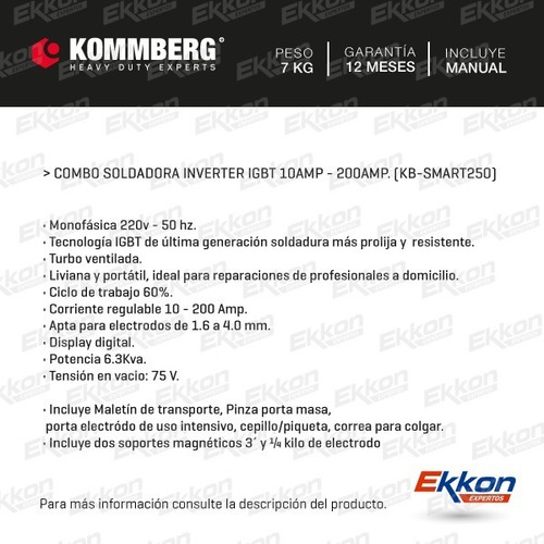 Imagen 2 de 9 de Soldadora Inverter Kommberg 200 Amp + Electrodos + Soporte