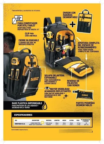 Mochila Porta Herramientas Dewalt 36 Bolsillos Heavy Duty Color