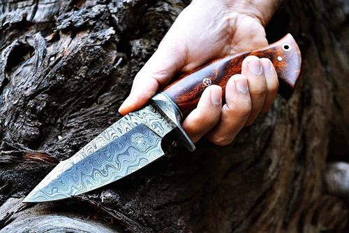 Bigcat Roar 10 Cuchillo De Caza De Damasco Hecho A Mano Con Funda De Cuero - Ideal Para Desollar, Acampar, Aire Libre - Edc Cuchillo De Hoja Fija Bushcraft Con Mango De Madera De Nogal - Predator