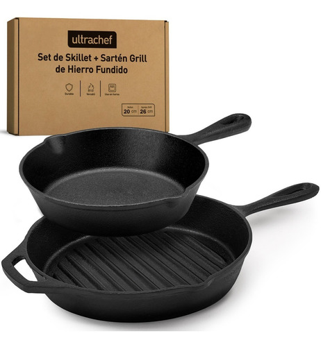 Set de Sarten y Sarten Grill de Hierro Fundido Ultrachef - 20 cm / 25 cm 2 Piezas