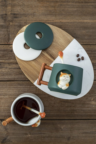 Taza De Café De Cerámica Con Tapa Y Cuchara A Juego, Tazamcd