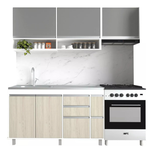 Combo Mueble Cocina Alacena 140 Cm + Bajo Mesada 140 Cm + Sobrepurificador 60 Cm Sorrento Gris Ricchezze