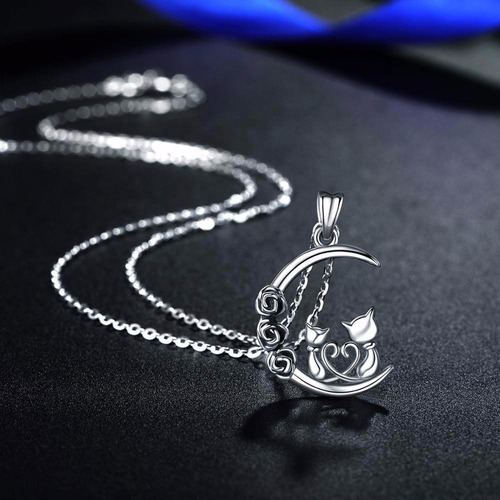 Imagen 3 de 7 de Regalo Mujer Collar Gatitos Luna Plata Fina 925 Joyas