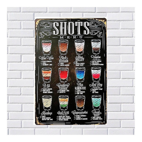 Placa De Metal Decorativa Shots Menu Receitas 30x20cm Drink