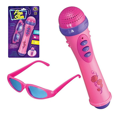 Microfone Infantil Com Óculos Luz E Som Menina Pop Star