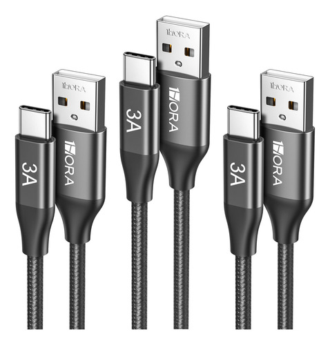 Cable Tipo C 3 Pack Carga Rápida Usb C 1m 3a Nylon 1hora Color Negro