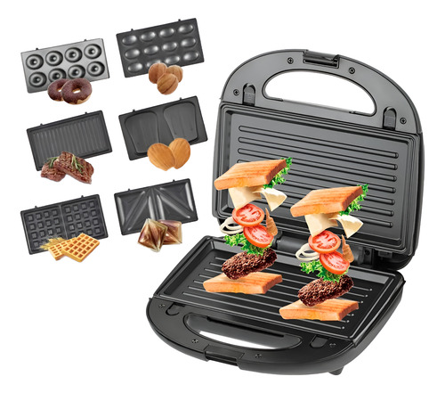 Maquina Sandwichera Waflera Donera Premium 6 En 1 Negro Y Plateado