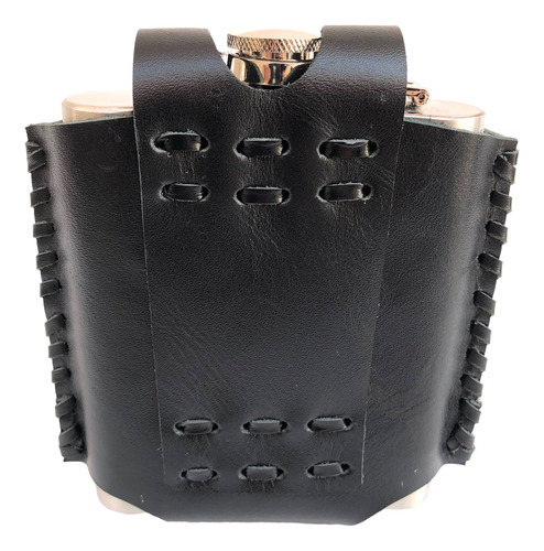 Kit Porta Uisque Inox + Capa Couro Com Alça P/ Prender Cinto Cor Preto Bordado Mangalarga