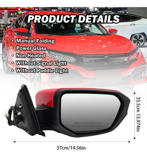 Espejo Lateral Derecho Para Honda Civic Hatchback 2017-2021 LX/Sport Y Type R 2017-2019 | KAP, Sin Calefacción, Manual, PTM