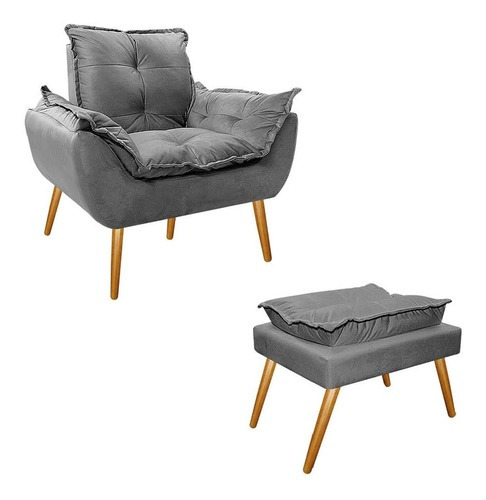 Sillón Gran Opalla, silla con patas abullonadas, palillo de dientes, gamuza gris