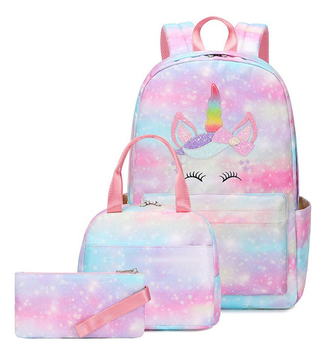 Set 3 Mochila Bolsas Escolar Estudiante Gran Capacidad Con Lapicera +lonchera Térmica Unicornio