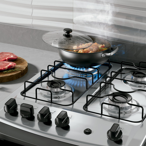 Fogão 4 Bocas De Embutir Dako Supreme Com Mesa De Inox E Tampa De Vidro Na Cor Preta Bivolt