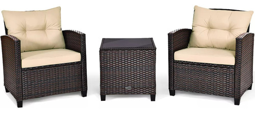 Juego De 3 Muebles Ratán Patio Acolchado Y Mesa De Centro