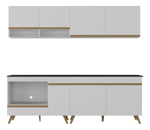 Armário de Cozinha Modulada Compacta 4 Pçs com Balcão para Cooktop Veneza Multimóveis MP2264 Branco/Dourado